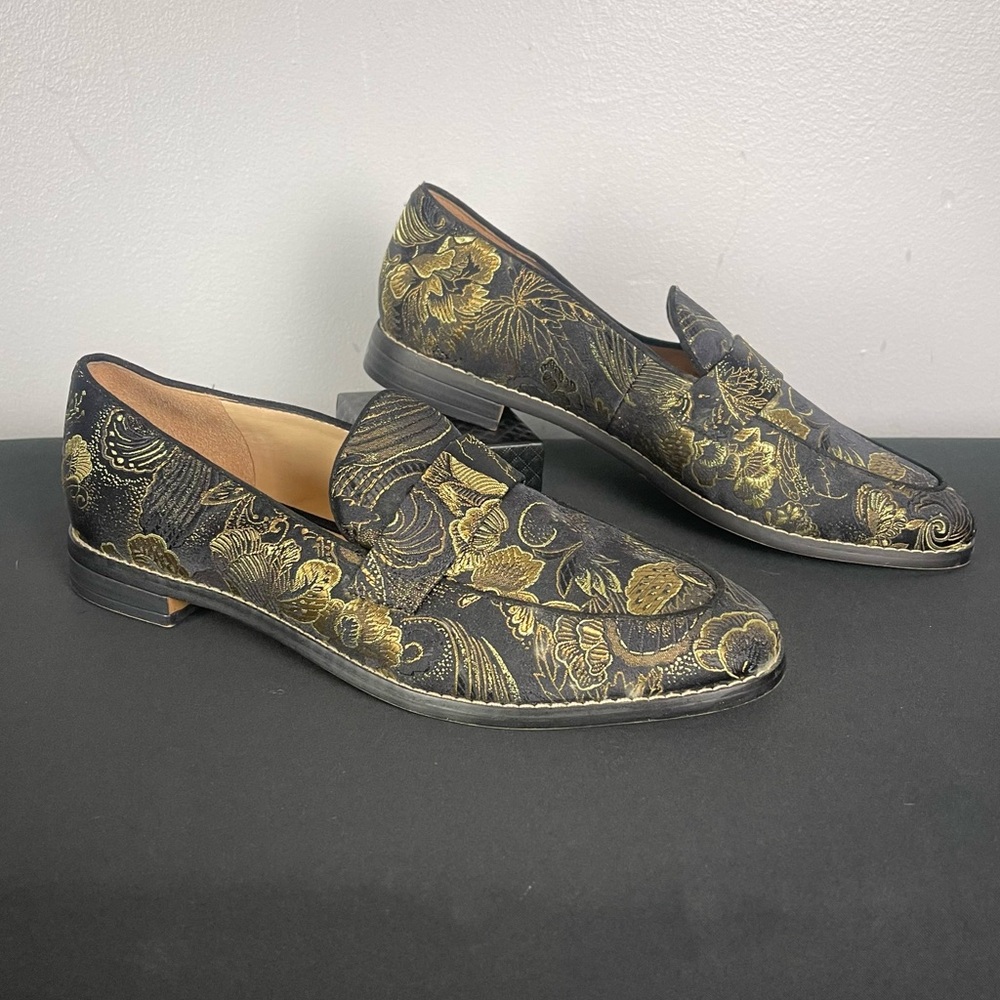 Franco Sarto Black and Gold Floral Loafers